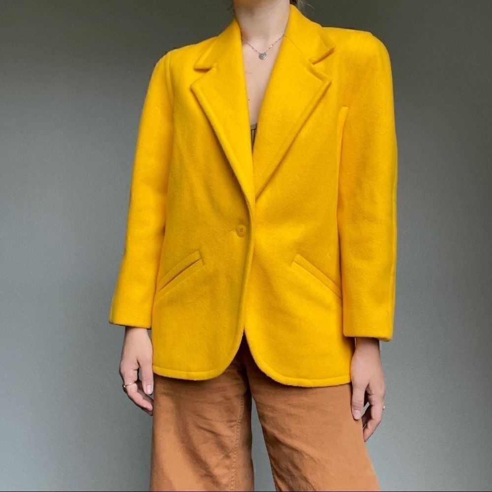 Vintage 80s Women’s Intuition Union Made Canary Yellow Wool Blazer Jacket Sz 6